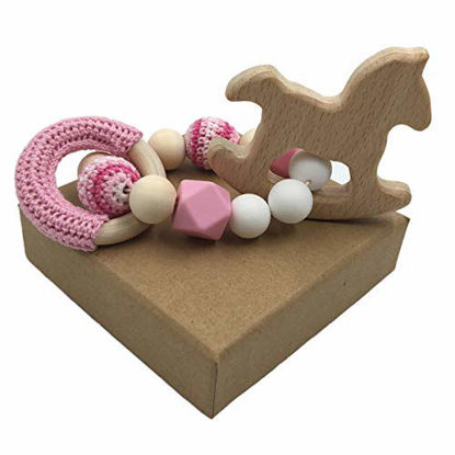 Picture of Wendysun Baby Wooden Teether Beech Horse Wood Teething Montessori Toys Baby Rattle DIY Chewable Crochet Beads Bracelets (Pink)