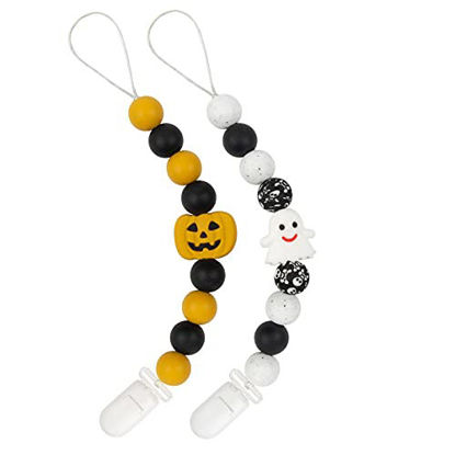 Picture of Babygoal Halloween Pacifier Clips, 2 Pack Pacifier Holders, Silicone Teething Beads for Boys and Girls Fits Most Pacifier Styles,Teething Toys, Soothie and Baby Gift 2GJL19