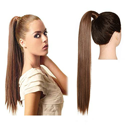 Picture of Synthetic Ponytail Extension Straight Long 24 Inch Wrap Around Drawstring Ponytail Clip in on Hair Pieces for Women Light Brown SARLA P001&4/30