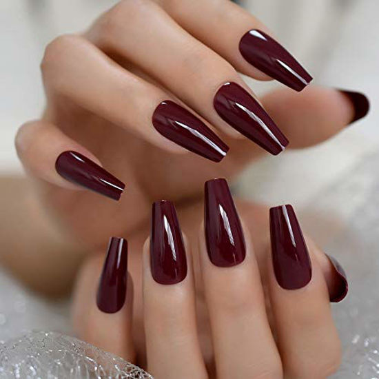 Picture of ALLKEM Dark Maroon Medium Long Coffin Press on False nails tips 20 pcs full cover