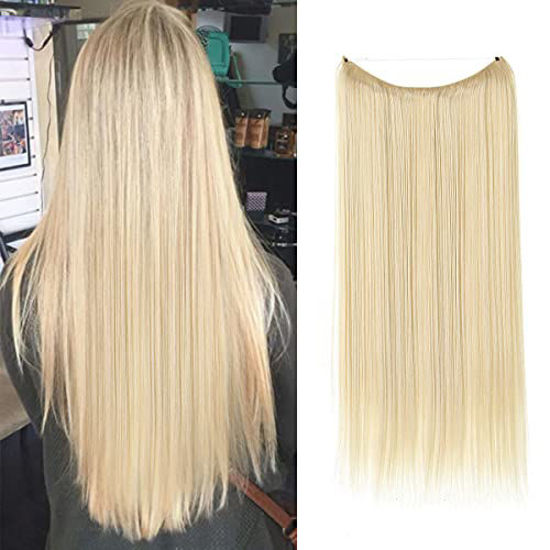 Picture of Synthetic Halo Hair Extensions Beach Blonde Straight Short Hairpieces 16 Inch 3.6 Oz Hidden Wire Headband for Women Heat Resistant Fiber No Clip SARLA