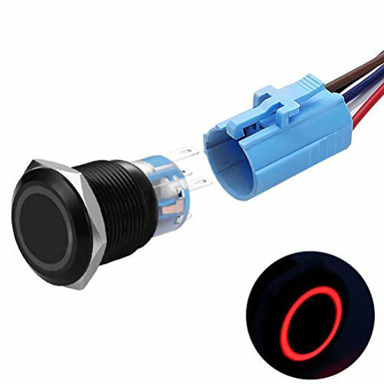 Picture of 19mm Latching Push Button Switches SPDT ON/Off Waterproof Black Metal 12V Ring LED with Wire Plug (Red)