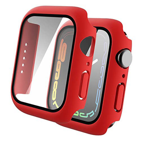 Picture of Case Compatible with Apple Watch Series 7 41mm/45mm PC Bumper with Tempered Glass Screen Protector Matte Solid Color Hard Cover (Red, 45mm)