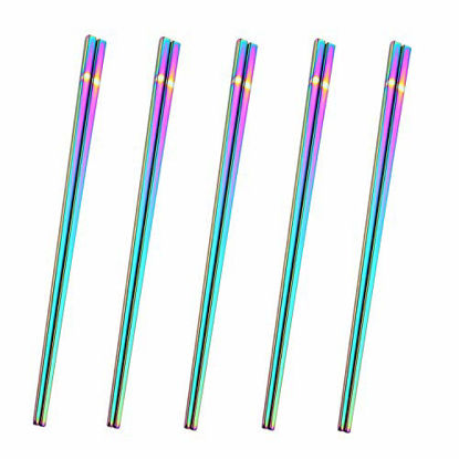 Picture of Dtdepth 304 Stainless Steel Chopsticks - 5 Pairs Dazzling Reusable Dishwasher Safe Metal Chopsticks - Square Lightweight Chop Sticks - Easy to Use and Clean (No Color Fading)