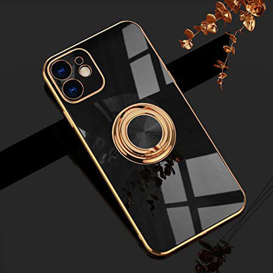 Picture of Omorro for iPhone 12 Mini Ring Holder Case 360 Degree Rotation Kickstand Girly Case Shiny Glitter Plating Rose Gold Edge Work with Magnetic Car Mount Slim Soft Tup Case for Women Girls Black