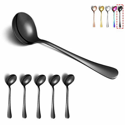 Picture of Black Soup Spoons, Kyraton 6 Pieces Stainless Steel Round Spoons With Black Titanium Plating, Black Dinner Spoon Table Spoon, Spoons Silverware Dishwasher Safe Set of 6