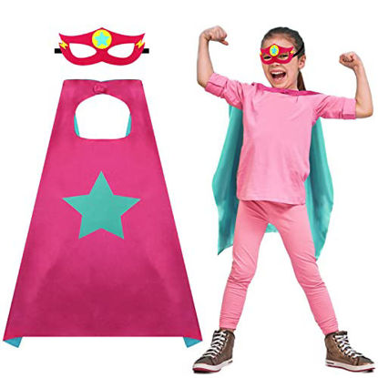 Picture of iROLEWIN Superhero Boys-Girls-Cape and Mask for Kids-Super-Hero-Cape Dress up Halloween Costumes Party Favors (Rose-Green)