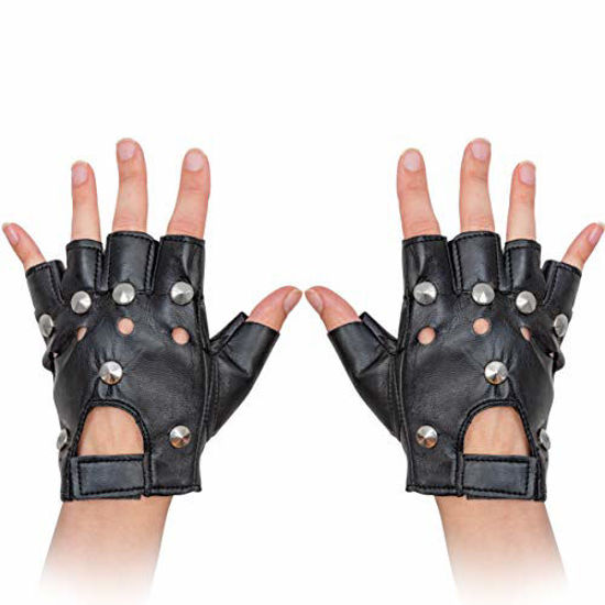 Picture of Skeleteen Gothic Fingerless Biker Gloves - 80s Style Black Leather Punk Biker Gloves with Studs for Men Women and Kids