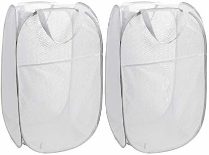 Picture of Mesh Popup Laundry Hamper - Portable, Durable Handles, Collapsible for Storage and Easy to Open. Folding Pop-Up Clothes Hampers are Great for The Kids Room, College Dorm or Travel. (White | Set of 2)