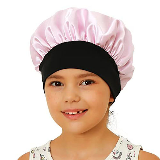 Picture of Sent Hair Kids Satin Bonnet Sleep Cap for Natural Hair Double Layers Hair Bonnet Wide Elastic Band Night Sleep Hat for Baby Toddler Child Teens (Light Pink)