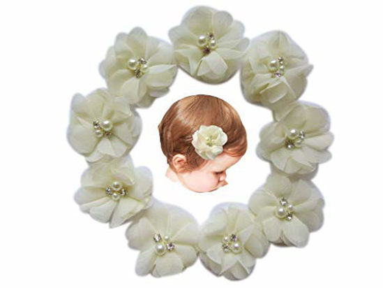 Picture of Baby Girls Chiffon Flower Hair Clips with Rhinestones and Pearl,YYCRAFT 10 pcs Party Wedding 2" Hair Accessory for Kids Toddler Infant Girls(Ivory)