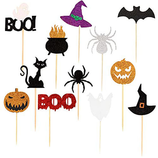 Picture of 36 pcs Halloween Ghost Boo Glitter Cupcake Toppers Ghost Boo 36 Pack Cupcake Topper muffin for Halloween, Birthday, Decoration Party Supply