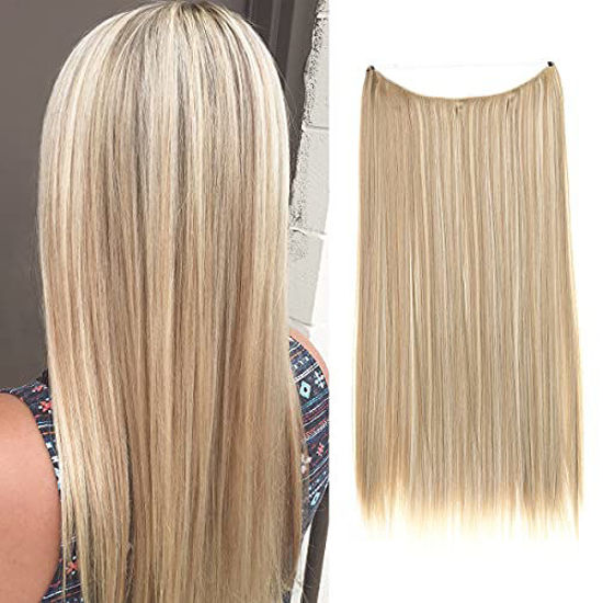 Picture of SARLA Short Halo Hair Extensions 14 inch 3.2 Oz Dirty Blonde Straight Synthetic Hairpieces Hidden Wire Headband for Women Heat Resistant Fiber No Clip