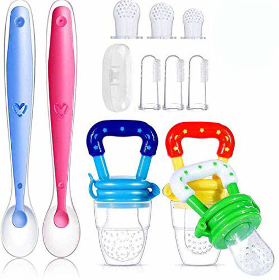 Picture of Beautychen 12 Pack Baby Food Feeder Silicone Set, Including 3 Fresh Fruit Feeder Pacifier, 3 Silicone Food Pouches, 2 Baby Feeding Spoons, 3 Baby Finger Toothbrushes with 1Toothbrush Box