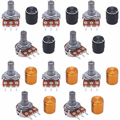 Picture of Taiss / 10pcs 5K Ohm 3 Terminals Linear Taper Rotary Audio B Type Potentiometer, Volume Control Potentiometer B5K + 10pcs Knob (Black and Gold Each 5