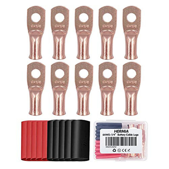 Picture of HerMia 10PCS 6 AWG - 1/4" Copper Wire Lugs, Heavy Duty Battery Cable Ends, UL Listed Battery Lugs, Tubular Ring Terminals, Battery Terminal Connectors with 3:1 Heat Shrink Tubing