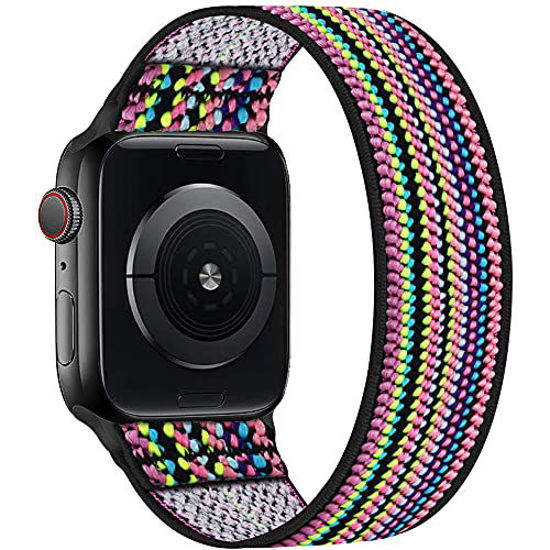 Picture of ENJINER Stretchy Nylon Solo Loop Bands Compatible with Apple Watch 38mm 40mm 41mm 42mm 44mm 45mm iWatch Series 7 6 SE 5 4 3 2 1 Strap, Sport Elastic Braided Women Men, 38/40/41mm S Colorful Rainbow1