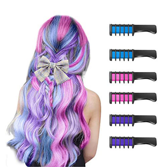 Picture of New Hair Chalk Comb Temporary Bright Hair Color Dye for Girls Kids, Washable Hair Chalk for Girls Age 4 5 6 7 8 9 10 New Year Birthday Party Cosplay DIY Children's Day, Halloween, Christmas (Blue & Pink & Purple)