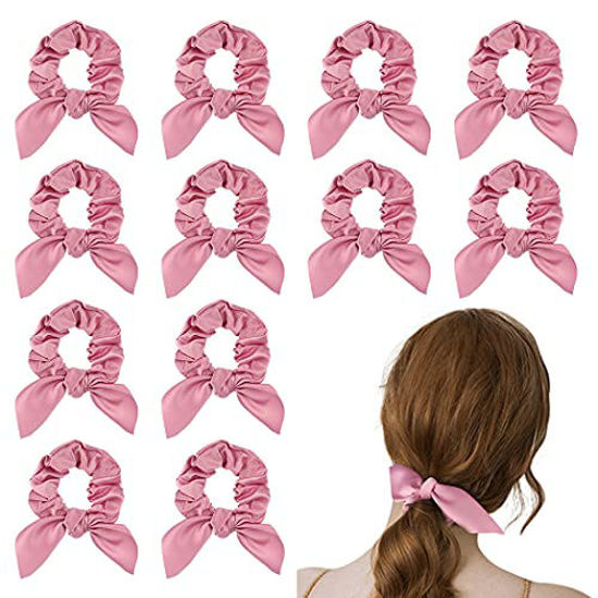 Picture of ACO-UINT 12 Pack Hair Scrunchies for Women, Adorable Bow Scrunchies for Thick Hair, Pink Hair Ties Bunny Ear Scrunchies Satin Scrunchies, Elastic Scrunchies with Bow for Ladies and Girls