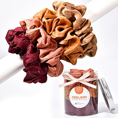 Picture of XL Big Silk Scrunchies Hair Ties for Women - CEELGON Oversized Brown Satin Silk Scrunchie Exra Large Jumbo Gaint Soft Chiffon Cute Scrunchy for Curl Thick Hair 4 Pack (Brown Coffee)