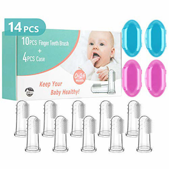 Picture of Silicone Baby Finger Toothbrush with Case Set Infant Training Teeth Brush Toddler First Teething Soft Babies Toothbrushes Oral Cleaning Massager 10PCS+4PCS Case