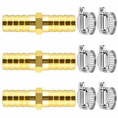 Picture of Da by 3 pcs 1/2" (12.7mm) Barb Splicer Mender Hose Brass Barb Fitting with 6 pcs Stainless Steel Pipe Clamps for Water/Fuel/Air