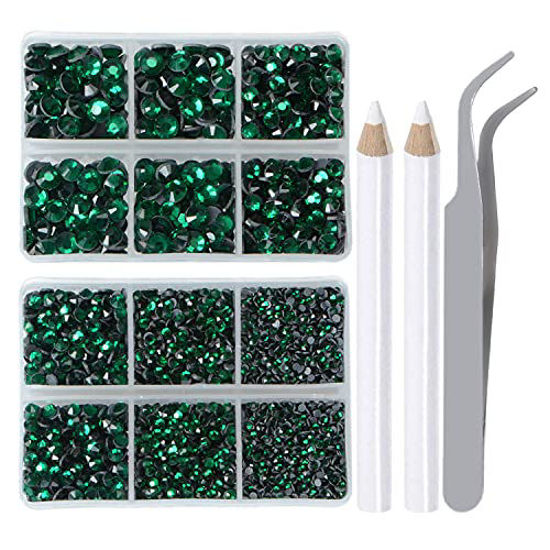 Picture of LPBeads 6400 Pieces Hotfix Rhinestones Emerald Flat Back 5 Mixed Sizes Crystal Round Glass Gems with Tweezers and Picking Rhinestones Pen