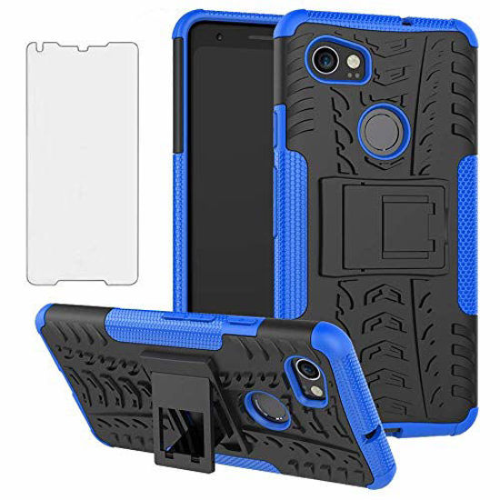 Picture of Phone Case for Google Pixel 2XL with Tempered Glass Screen Protector Cover and Stand Kickstand Hard Rugged Hybrid Heavy Duty Protective Cell Accessories Pixle 2 XL Pixel2XL Pixel2 LX Cases Black Blue