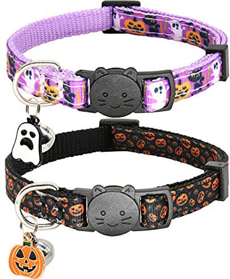 Picture of Giecooh Halloween Cat Collar,2 Pack Breakaway Cat Collar with Bells,Pumpkin and Ghost Charm