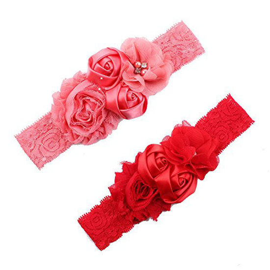 Picture of Shabby Lace Chic Flower Baby Girls Headband Hair Flower Headband for Baby, Watermelon Red+red, One Size