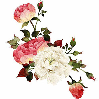 Picture of RW-D37 Creative Peony Flower Wall Decals 3D Red Peony Wall Decals DIY Removable Peel and Stick Floral Green Leaves Wall Art Mural for Kids Baby Girls Bedroom Living Room Nursery Office Room Decoration