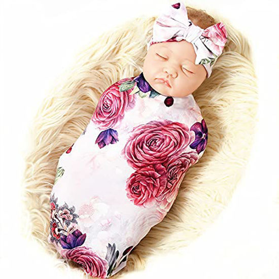 Picture of Galabloomer Newborn Receiving Blanket Headband Set Baby Flower Rose Swaddle with Big Bow (Nostalgia Rose)