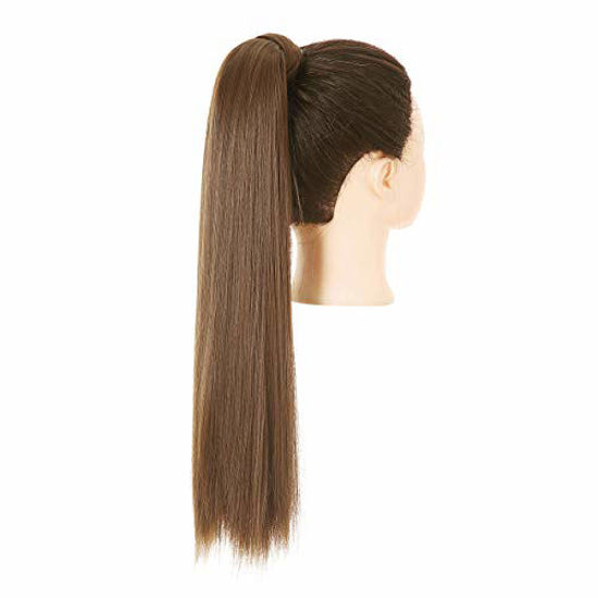 Picture of Drawstring Ponytail Extension Medium Brown Straight Clip in on Wrap Around Ponytail Long 24 Inch Synthetic Hair Pieces for Women