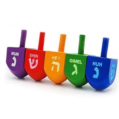 Picture of Wood Multi-Colored Dreidels Medium Sized Hanukkah Draydels with English Transliteration (10-Pack)