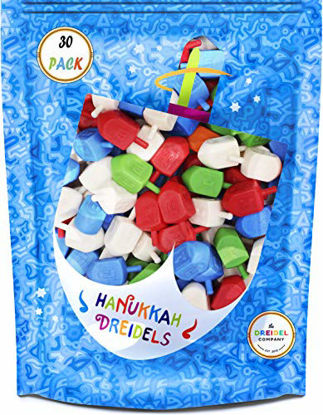 Picture of Hanukkah Dreidels 30 Bulk Pack Multi-Color Plastic Chanukah Draydels With English Transliteration In Reusable Ziplock Bag- Includes 3 Dreidel Game Instruction Cards (30-Pack)