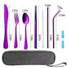 Picture of Travel Utensils Set with Case Reusable Portable Cutlery Set Stainless Steel 8pcs Including Dinner Knife Fork Spoon Chopsticks straws (Purple)