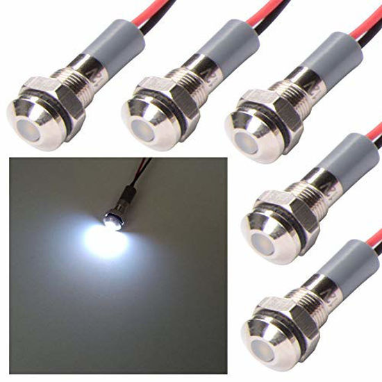 Picture of FICBOX 5pcs LED Indicator Light 6mm 12V Waterproof Metal Signal Lamp Warning Lights for Pilot Dash Truck Boat (White)