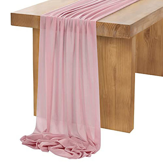 Picture of SoarDream 10ft Dusty Rose Chiffon Table Runner 27x120 Inches Romantic Wedding Table Runners Elegant Sheer Fabric Drapes Bridal Party Table Decorations