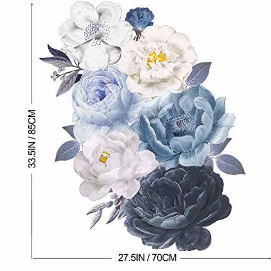 Picture of RW-D36 Peony Flower Wall Stickers White and Navy Blue Peony Rose Wall Decals 3D DIY Removable Peel and Stick Rose Wall Art Decor for Kids Baby Girls Bedroom Living Room Nursery Office Decoration