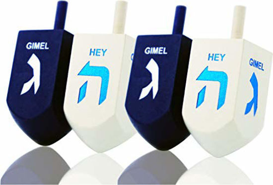 Picture of Hanukkah Dreidel Extra Large Blue & White Wooden Dreidels Hand Painted - Includes Game Instruction Cards! (4-Pack XL Dreidels)