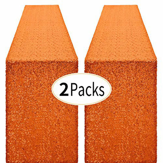 Picture of Pufogu 2 Packs 12 x 72 inches Orange Sequin Table Runner, Glitter Runner for Birthday Party Supplies Decorations Wedding Bachelorette Holiday Celebration Bridal Shower Baby Shower