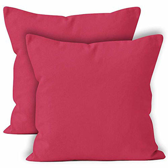 Picture of Encasa Homes Throw Pillow Cover 2pc Set - Fuchsia Pink - 18 x 18 inch Solid Dyed Cotton Canvas Square Accent Decorative Cushion Case for Couch Sofa Chair Bed & Home