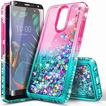 Picture of E-Began Case for LG Journey LTE, Aristo 4+ Plus/Neon Plus/Escape Plus/Arena 2/Tribute Royal with Tempered Glass Screen Protector, Glitter Liquid Floating Quicksand Girls Cute Case -Pink/Aqua