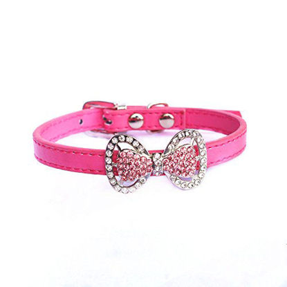 Picture of PETFAVORITES Leather Rhinestone Bow Tie Pet Cat Dog Collar Necklace Jewelry for Small Dogs Girl Kitten Puppy Teacup Chihuahua Yorkie Clothes Costume Outfits (8.7 to 10.7-Inch, Hot Pink)