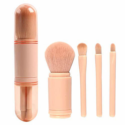 Picture of Small Makeup Brush Set Pink - 4 in 1 Portable Travel Lip Brush, Highlight Brush, Eyeshadow Brush, Foundation Blending Powder Brush Retractable Mini Facial Cosmetic Makeup Brush Set