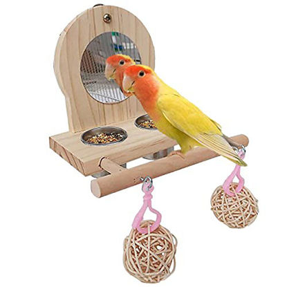 Picture of Tfwadmx Parrot Food Cups Hanging Bird Stainless Steel Feeding Bowls Parakeet Cage Food Hold Dishes Lovebirds Feeder Waterer Budgie Wooden Platform with Mirror Swing Toys for Parrotlet Conure Pigeon