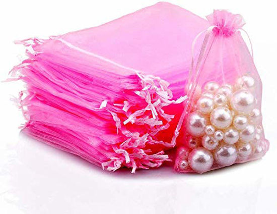 Picture of Organza Gift Bags with Drawstring 5'' x 7'' 100 PCS Organza Jewelry Bags, Sheer Drawstring Gift Pouches for Christmas Wedding Party Favors (Pink)