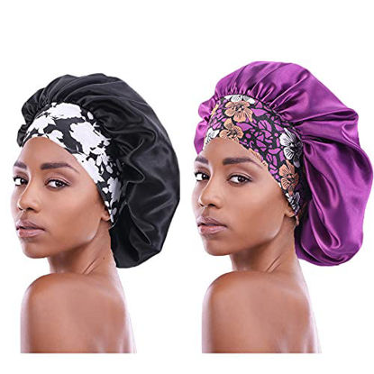 Picture of 2PCS Satin Hair Bonnet for Black Women Elastic Wide Band Braid Bonnet for Sleeping Single Layer Sleep Cap for Braid curly natural hair Black + Purple