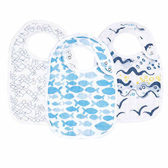 Picture of Snap Muslin Bibs Made from 100% Cotton (3 Pack), 3 Absorbent & Soft Layers; Bibs for Infants, Newborns and Toddlers, Adjustable, Machine Washable, Fish, Seagull, Stone