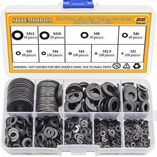 Picture of Sutemribor Black Zinc Plated Alloy Steel Flat Washers Set 580 Pieces, 9 Sizes - M2 M2.5 M3 M4 M5 M6 M8 M10 M12